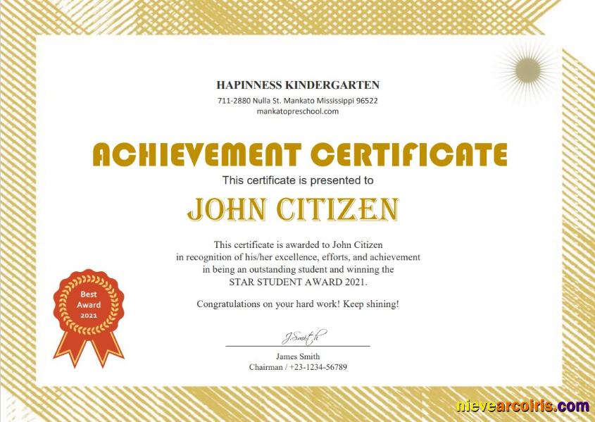 USA Kindergarten certificate
